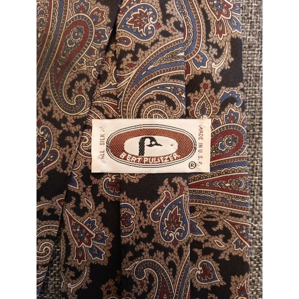 Tie 70s 80s 90s Y2K New Vintage Burt Pulitzer Silk Brown Blue 3.75 Wide 60 Long